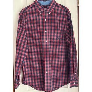 Chaps Mens Medium Red Blue Plaid Button Down Long Sleeve Shirt Easy Care